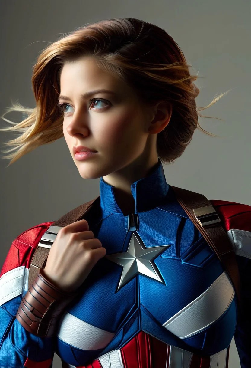 A photorealistic portrait of a lone woman, focusing on her upper body, dressed in a Captain America costume, with intricate details on the star-spangled suit, her expression confident and determined, set against a muted, patriotic color palette with soft, cinematic lighting, captured from a slightly low angle to emphasize her heroic presence.
