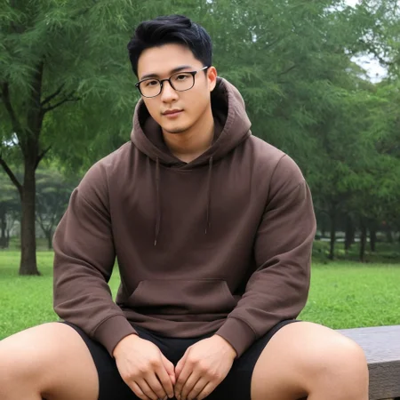 a man with hood sitting on park, asian man, ettaphyl (1boy, bara, short hair, black hair, brown eyes, glasses), upper body, perfection style, perfection, perfect