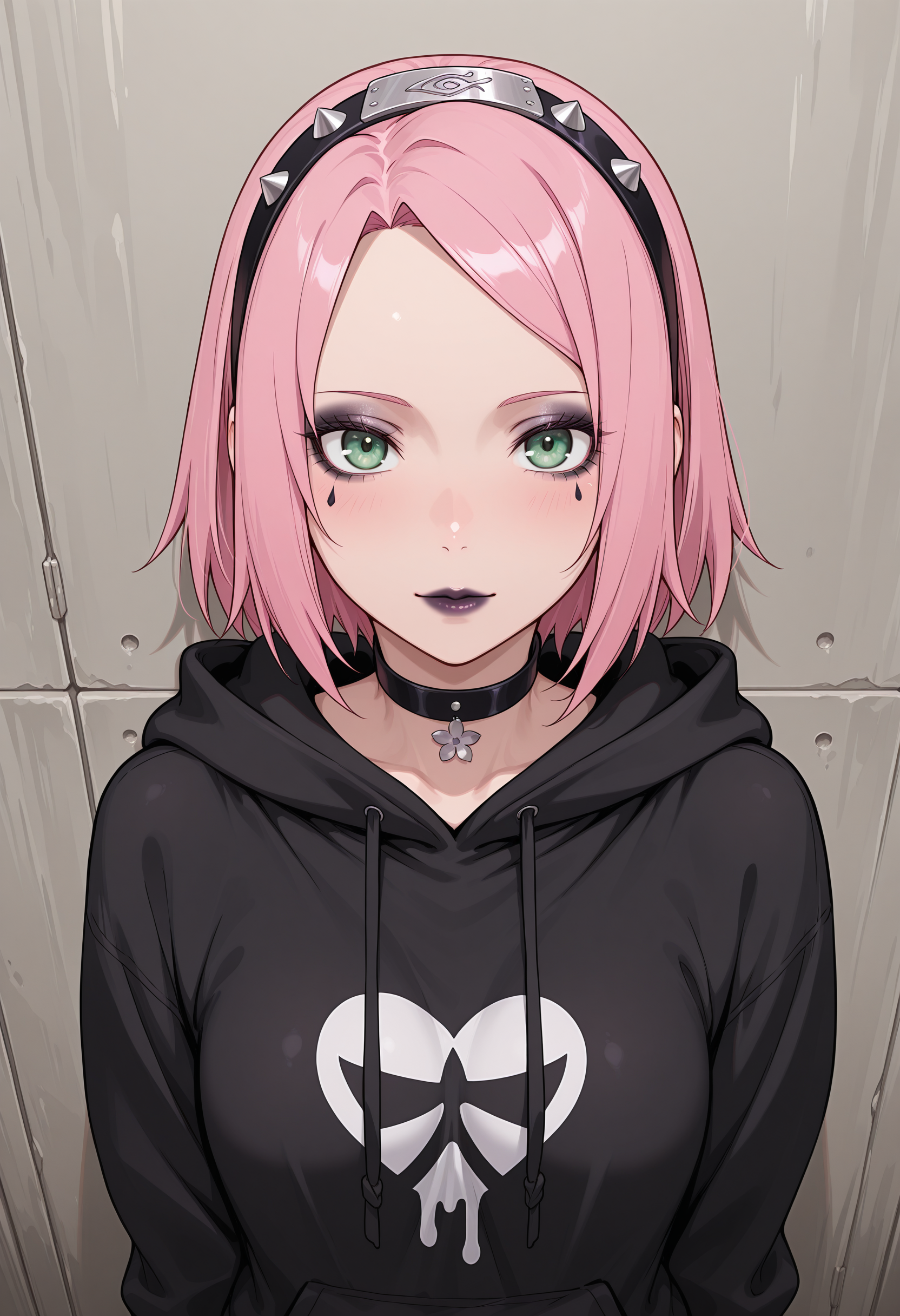anime, masterpiece, best quality, detailed background, 8k,  <lora:gothgirl:1>, goth girl, 1girl, sakura haruno, makeup, lipstick, choker, hoodie