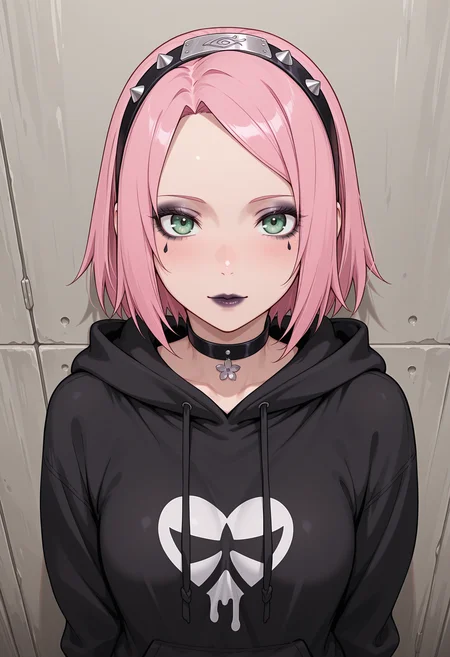 anime, masterpiece, best quality, detailed background, 8k,  <lora:gothgirl:1>, goth girl, 1girl, sakura haruno, makeup, lipstick, choker, hoodie