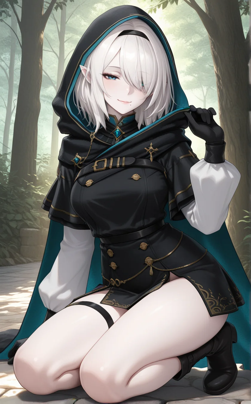 1girl,w1zsher1r1ny,solo, blue eyes, pointy ears,white hair,pale skin,medium breasts,medium hair, hair over one eye, mole under mouth,lips, long sleeves, belt, cloak, black cloak, hooded cloak, medium hair,thigh strap, brooch, black hairband, hooded cape, black gloves, buttons, dress, cape, black cape, jewelry, hood up,outdoors,tree,looking at viewer,sunlight,from side ,,,,close-up ,half-closed eyes ,full body, boots ,seductive smile , best quality,masterpiece,sensitive, <lora:WizardryShelirionachNoobAI:1>