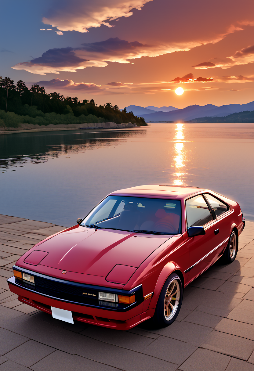 score_9,score_8_up,score_7_up,source_realstic,photorealstic,
Car photo. A futuristic and sleek car parked on a pier on the lake. A beautiful sunset sky in the background. Amazing. The movement of the clouds emphasizes the perspective taken with a fisheye lens,the lake surface is smooth as a mirror,no splashes or ripples. Incredibly professional lighting,dynamic cloud movement,iridescent hues of torn clouds,a red-tinted sunset,
The mirror reflects the sunset,and the body of the car shines beautifully.,No people,<lora:mjv3_pony-3:0.7>,
<lora:detailed_notrigger:1>,<lora:A60_pony:1>,A60,<lora:absurdres_quality:0.7>,masterpiece,best quality,very aesthetic,absurdres,