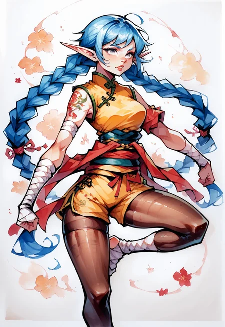 score_9, score_8_up, score_8, score_7_up, white outline, masterpiece, c4m3lt0, cartoon, comic, solo, traditional media,
We1La1, 1girl, elf, martial artist, adult, slender athletic build, pointed ears, cerulean-blue hair, long twin braids, very long braids, silver eyes, dragon-tattoo on arm, acrobat clothes, high waisted shorts, red and blue and gold clothing, chinese clothes, skindentation, tights, pantyhose, long sash around waist, leg wraps, foot wraps, calloused feet,