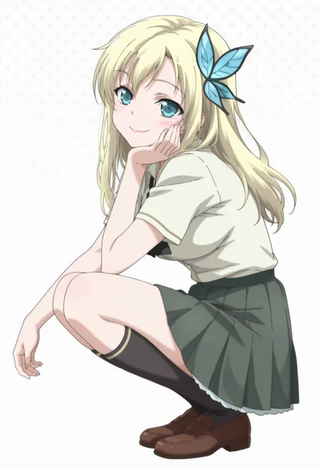 anime screencap, anime coloring, ,     <lora:DX888Sena:1> kashiwazaki sena, aqua eyes, blonde hair, long hair, butterfly hair ornament, school uniform, white shirt, ascot, pleated skirt,  BREAK  white background, dotted background,( simple background:1.2), BREAK       1girl, blush, closed mouth, full body, hand on own face,  looking at viewer,  smile, solo, squatting, from side,
