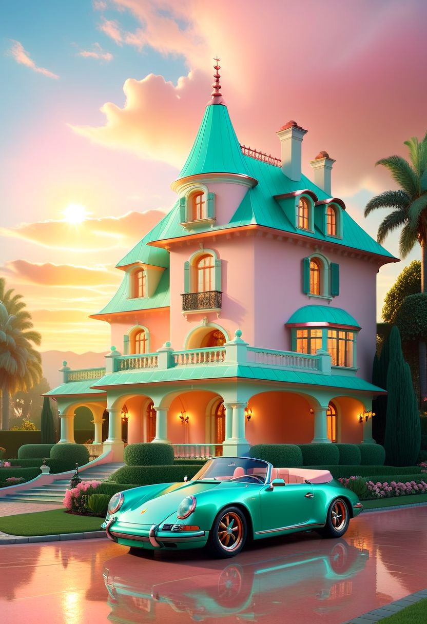 ispzxll, diorama, isometric, miniature, volumetric lighting style, intricate details, wide angle, ultra-detailed, seafoam-green porsche convertible sports car, light tan interior, in front of pastel-pink french style mansion, copper roof, chimney with smoke, emaculate gardens, massive fountain in front of home, wet pavement, reflective surfaces, bright headlights, glossy, golden hour, long shadows, fluffy clouds, sun rays shining through clouds, 8k