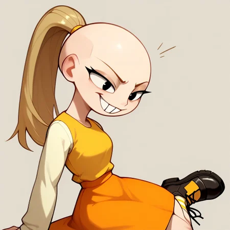 score_9, score_8_up, score_7_up BREAK pegTO, 1girl, bald head, black eyes, yellow hairclip, light brown ponytail, ponytail, buckteeth, bucktooth, no jaw, no lower jaw, half head, jawless, yellow longsleeved shirt, orange skirt, yellow socks, white black shoes,