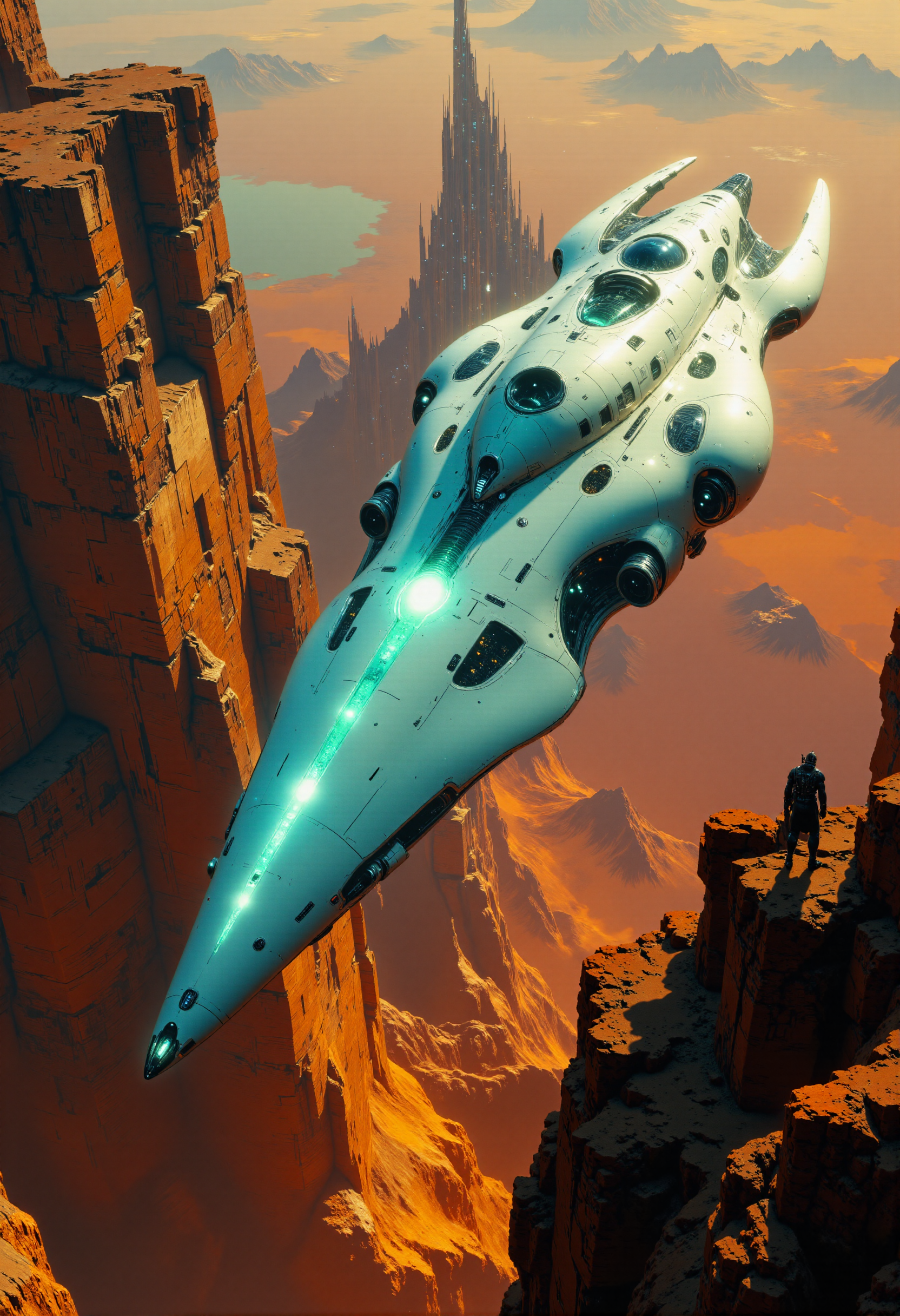 highest details, ultra hyper realism. highly detailed and realistic. intricate and highly professional artwork, an absolute masterpiece.
This is a high-quality CGI image depicting a futuristic, sleek spaceship hovering above a barren, rocky landscape during sunset. The spaceship, designed in a sleek, aerodynamic style, has a predominantly white and teal color scheme with glowing accents. The design is highly bizarre and uncommon with curved lines and a glowing ship hull underlining it´s highly advanced and clearly alien origin. It features sharp, angular lines and a large, central opening, suggesting a high-tech design. The background includes a vast, reddish-brown terrain with distant mountains and a faintly visible, shadowy figure of a humanoid robot standing on a rocky outcrop. The lighting is soft, with warm hues from the setting sun casting long shadows. The depth of field is moderate, keeping the spaceship in sharp focus while slightly blurring the background. The image has a very high aesthetic quality, showcasing detailed textures and realistic lighting effects. The camera angle is slightly low, emphasizing the spaceship's imposing presence.
Bright Blue  hue and Magenta tint, dramatic lighting
<lora:artilands_v02_epoch_6:1>