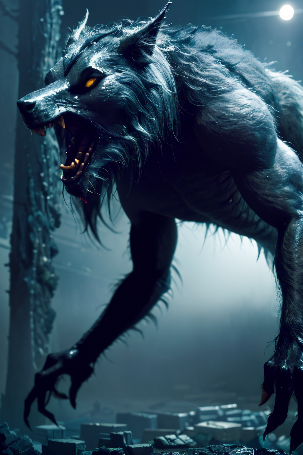 EdobWerewolf (Realistic:1.5) cave, water, gauntlets, underwater, giant, fog, yellow eyes, motor vehicle, horns, no humans, ranni the witch, godzilla, death, from side, ranni the witch, glowing, from side, black hair, ruins, shadow,  <lora:EdobWerewolf_v2.0:0.8>