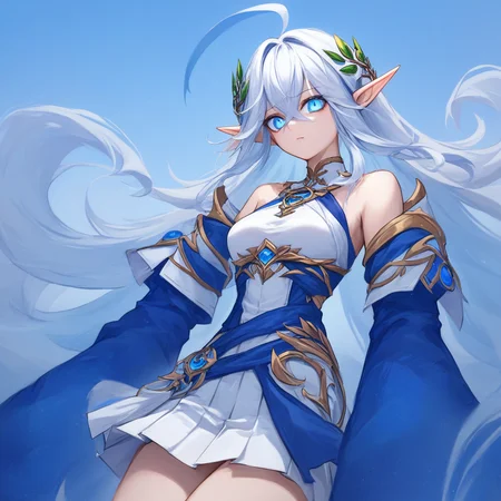score_9, score_8_up, score_7_up, keera_goddess,1girl, pointy_ears, blue_eyes, breasts, hair_between_eyes, white_hair, skirt, two tone clothes, ahoge, white_skirt, long_hair, detached_sleeves, pleated_skirt, bangs, small_breasts, bare_shoulders, elf,