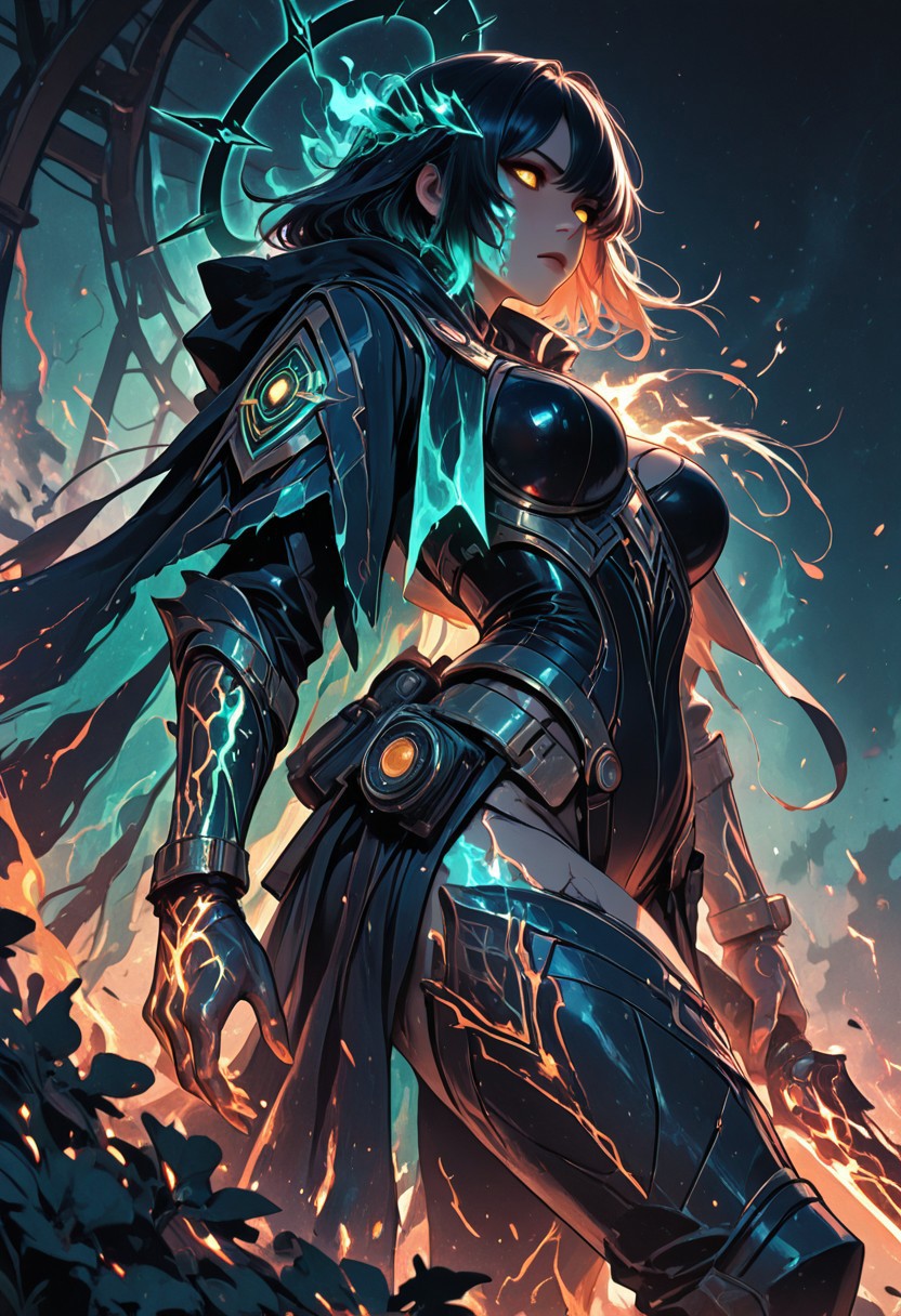 (masterpiece), (best quality), (8k), 1girl, full armor made of glowing black and orange star-metal, ember cracks, cosmic sword glowing with starlight in one hand, lantern of a dying universe in the other, burning aura, ashes floating in air, intense golden eyes, glowing molten veins, celestial background with shattered planets, solar flare glow, camera angle from below, serious expression, mythic lighting, divine cosmic warrior, flaming cape blowing in the wind, ethereal glow on face, fire sparks in foreground, black halo orbiting behind her head, ashes turning into stars around her,