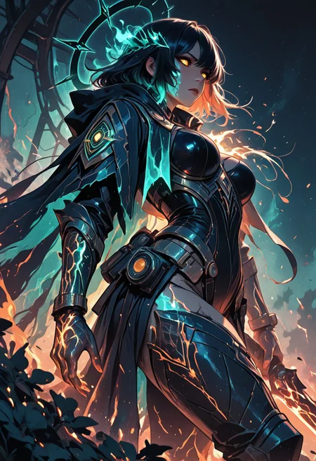 (masterpiece), (best quality), (8k), 1girl, full armor made of glowing black and orange star-metal, ember cracks, cosmic sword glowing with starlight in one hand, lantern of a dying universe in the other, burning aura, ashes floating in air, intense golden eyes, glowing molten veins, celestial background with shattered planets, solar flare glow, camera angle from below, serious expression, mythic lighting, divine cosmic warrior, flaming cape blowing in the wind, ethereal glow on face, fire sparks in foreground, black halo orbiting behind her head, ashes turning into stars around her,