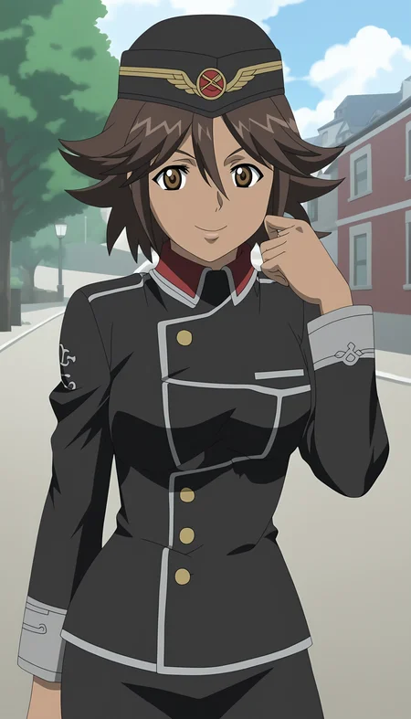 score_9, source_anime BREAK, oldest, anime screencap, outdoors, town, day, pose, <lora:CelicaYayoi(Pony)-6:1>CelicaYayoi, 1girl, solo, short hair, brown hair, hat, jewelry, buttons, yellow buttons, uniform, military uniform, multicolored uniform, collared uniform, long sleeves, dark skin, dark-skinned female, looking at viewer, black uniform, pencil skirt, hair ornament,