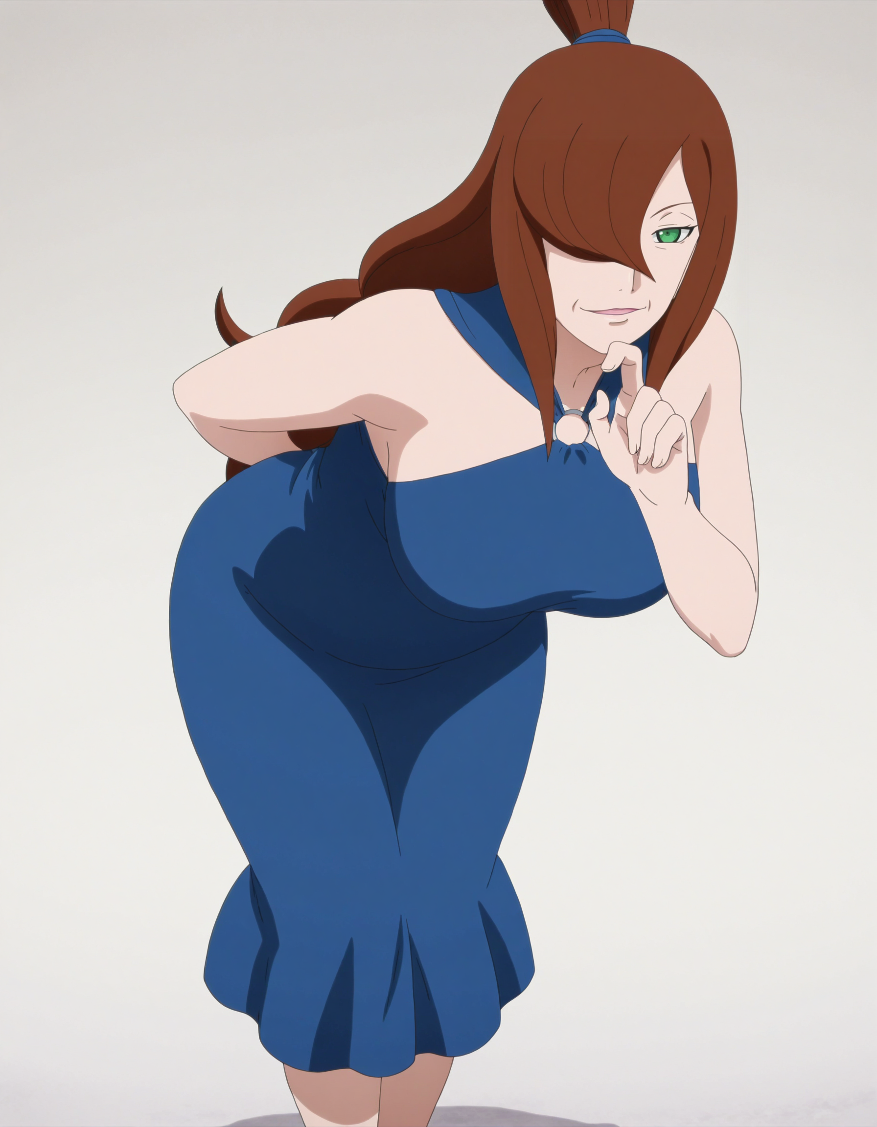 perfect composition, shadows, shading, full body, solo, <lora:anime_screencap-Illustrious:0.65> anime screencap, anime coloring, very aesthetic, absurdres, zPDXL, <lora:Pony_DetailV2.0:0.5> <lora:illustrious_quality_modifiers_masterpieces_v1:1>
<lora:m1zuk:1>  m1zuk, 1girl, mature female, hair covering one eye, female focus, looking at viewer, evil smile, defined lips, thinking pose, finger on lip, standing, (leaning forward:1.2), wide stance, one hand behind back,
blue dress, o-ring,
white background, simple background,