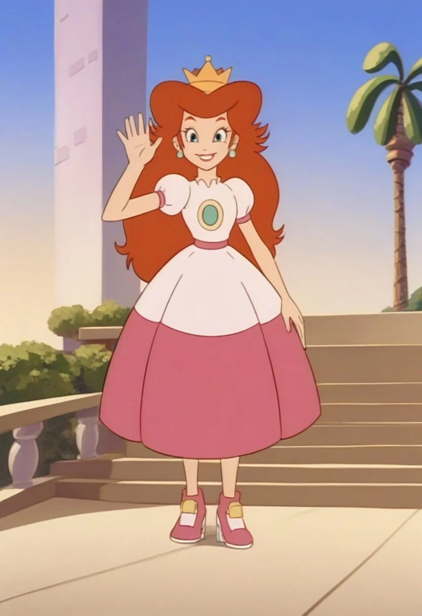 (source_anime, score_9, score_8_up, score_7_up:1),
best quality, masterpiece, amazing quality, very aesthetic, absurdres,
1girl, solo,
smbss_toadstool,
looking at viewer, smile, waving,
outdoors