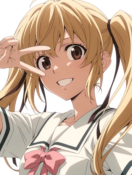 masterpiece,best quality,newest,
1girl,solo,
anime screencap,<lora:s_raimei_ilxl_v1.0:1>,s_raimei,blonde hair,hair bow,twintails,brown eyes,
r_clothes,serafuku,ribbon tie,white shirt,
r_katana,
<lora:Fixhands_anime_bdsqlsz_V1:1>,looking_at_viewer,simple_background,white_background,grin,:d,v over eye,upper_body,