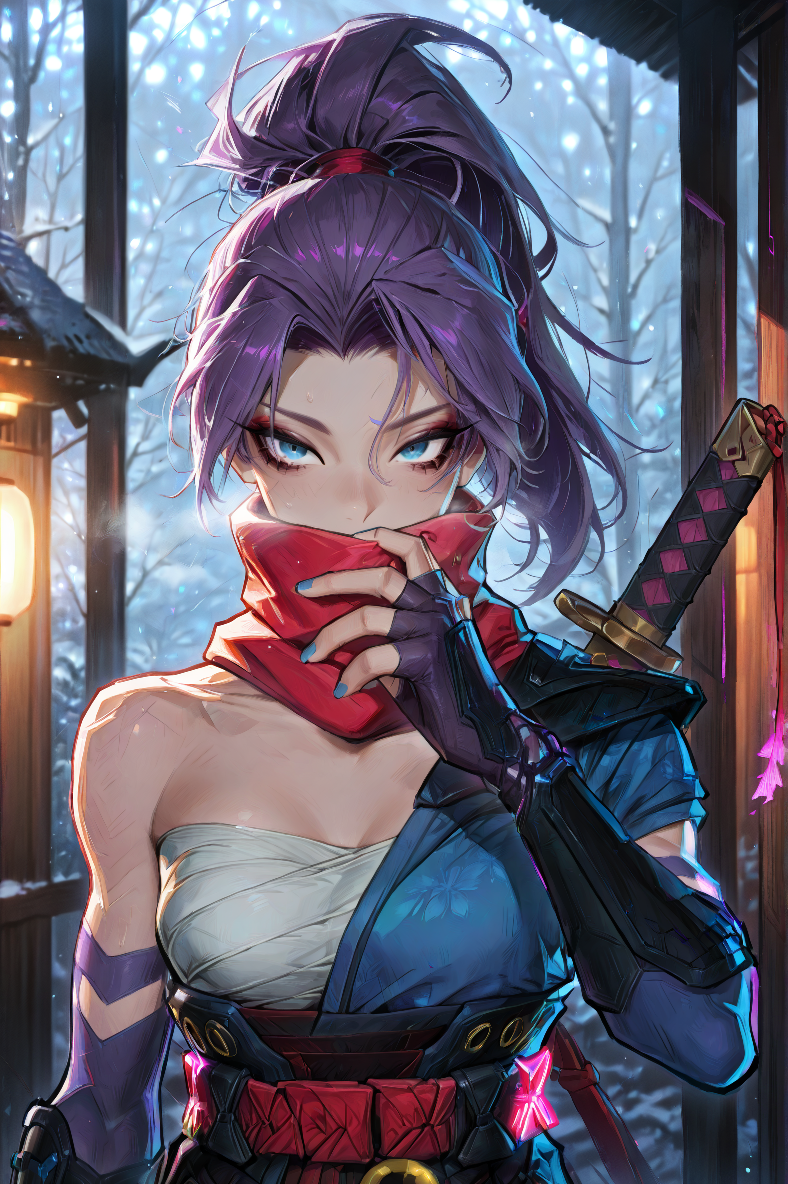 1girl, solo, (portrait:1.5), 30y, <lora:Psylockev1_Illu_Dwnsty:1> psylocke_mvr, blue eyes, purple hair, high ponytail, parted bangs, long hair, red scarf, scarf over mouth, japanese clothes, chest sarashi, kimono, sash, red belt, obi, single shoulder pad, fingerless gloves, arm guards, nail polish, blue nails, black footwear, blue thighhighs, sheath, weapon on back, blurry background, <lora:cgel-style-richy-v1_ixl:1>, <lora:S1_Dramatic_Lighting_v2:1> s1_dram, <lora:princess_xl_v2:1>, masterpiece, best quality, amazing quality, very aesthetic, absurdres, ultra-detailed, newest