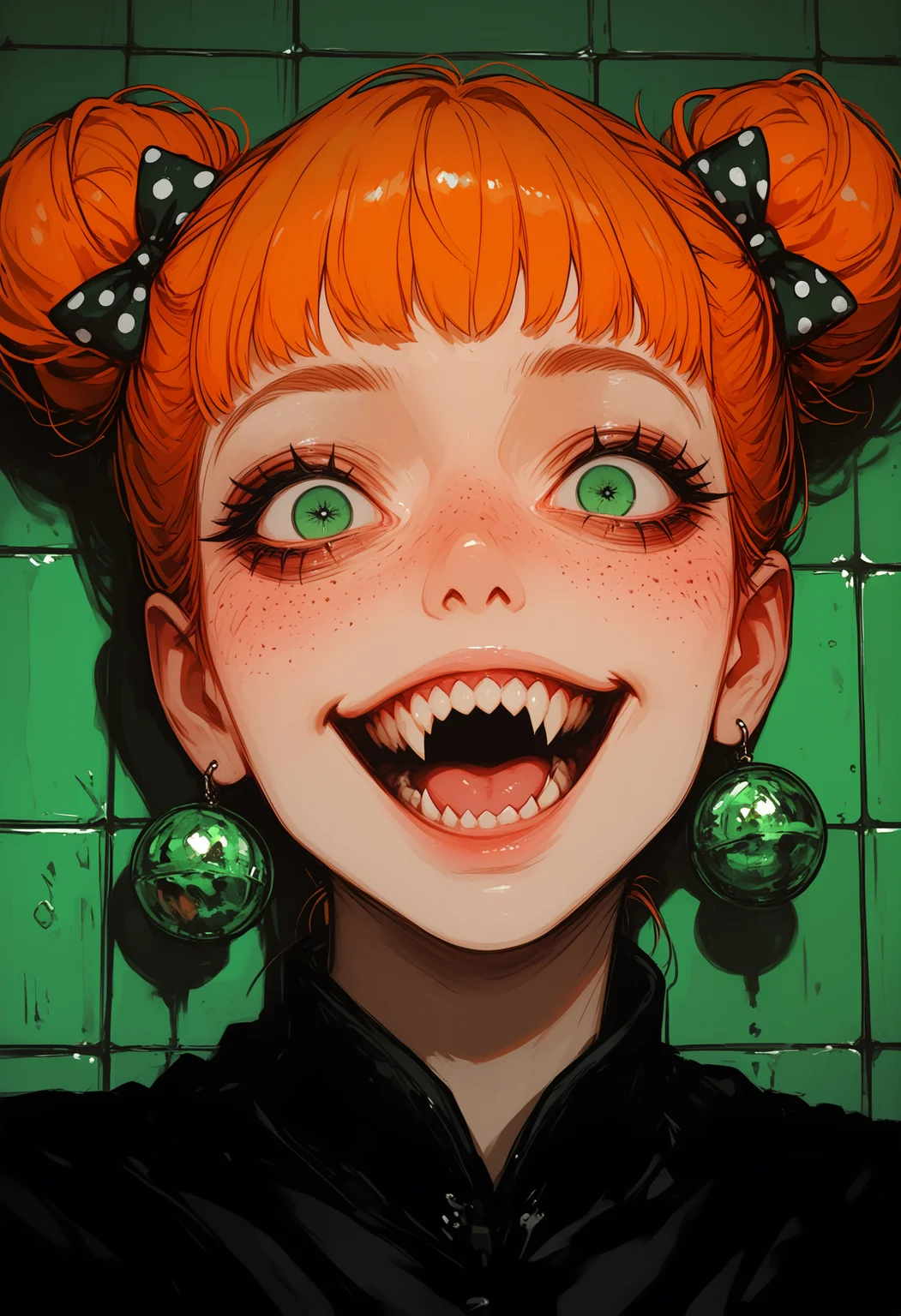 masterpiece, best quality, good quality, very awa, very aesthetic, absurdres, newest,, masterpiece, best quality, good quality, very awa, very aesthetic, absurdres, newest,realistic, 1girl, solo, looking_at_viewer, smile, short_hair, open_mouth, green_eyes, brown_hair, hair_ornament, bow, jewelry, upper_body, :d, earrings, teeth, tongue, hair_bun, ginger_hair, eyelashes, double_bun, makeup, fangs, polka_dot, sharp_teeth, portrait, freckles, polka_dot_bow, crazy_eyes, horror_\(theme\), crazy_smile, bloody tiles background, 748cmstyle,usnr,retro