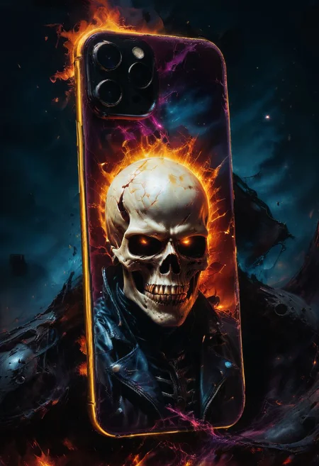 Knight Jack, combination of purple and deep red in the background of a death metal smartphone album artwork under the stars creates a striking contrast, setting a powerful and intense tone. The dark yellow and light blue accents add a layer of complexity, enhancing the technological and cool appearance of the smartphone.
