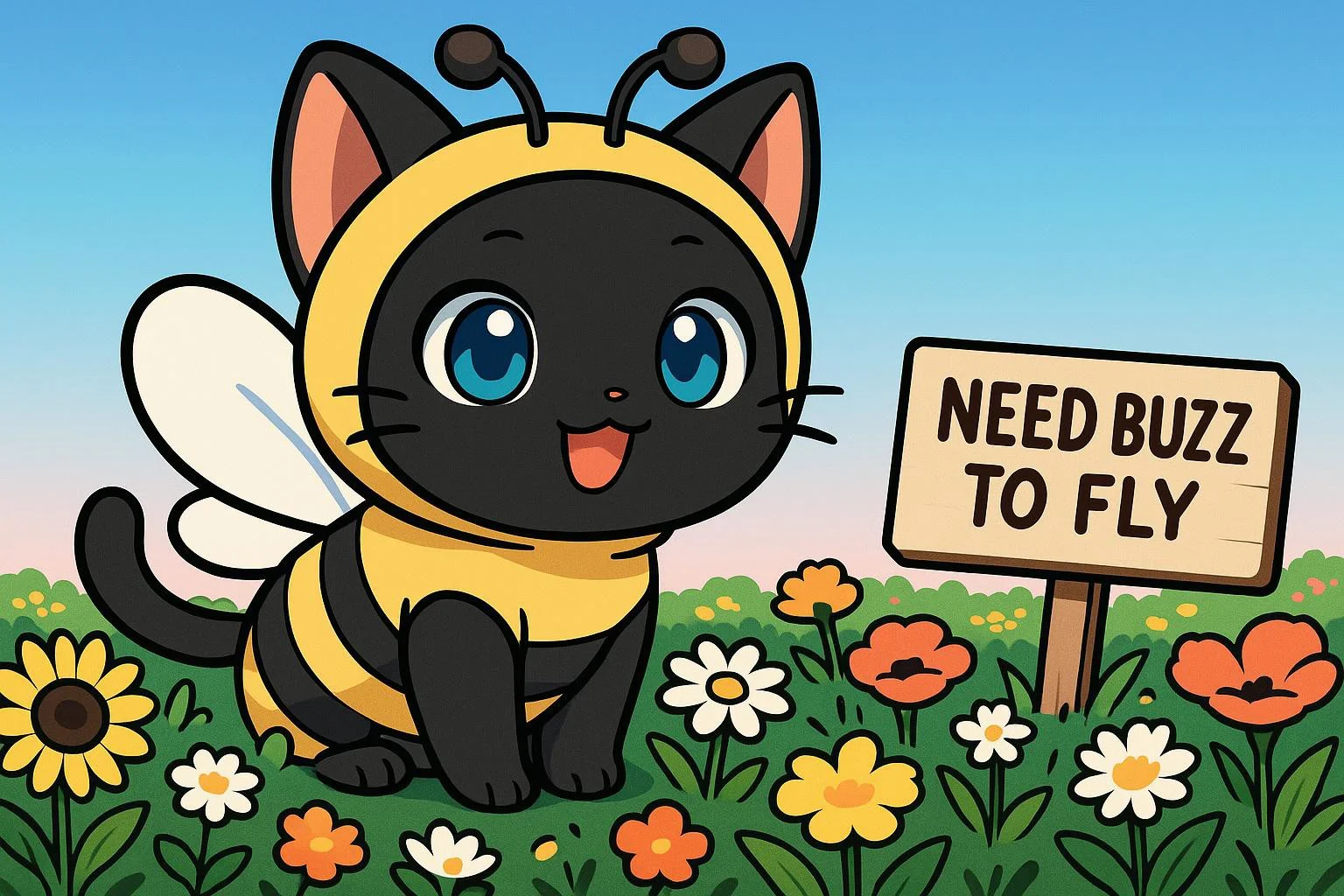 a picture of a cute anime black cat wearing a bee costume, blue eyes, kawaii, black outline, thick outlines, masterpiece, extreme quality, anime wallpaper, screencap, cg, hyper focus, good detail, in a field of flowers, (no humans), gradient sky, high contrast, (adorable), (anime), graphic, art, exceptional, top tier, award winning, pictograph, trending on art station, vector art, a sign in the field saying "Need buzz to fly"