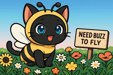 a picture of a cute anime black cat wearing a bee costume, blue eyes, kawaii, black outline, thick outlines, masterpiece, extreme quality, anime wallpaper, screencap, cg, hyper focus, good detail, in a field of flowers, (no humans), gradient sky, high contrast, (adorable), (anime), graphic, art, exceptional, top tier, award winning, pictograph, trending on art station, vector art, a sign in the field saying "Need buzz to fly"