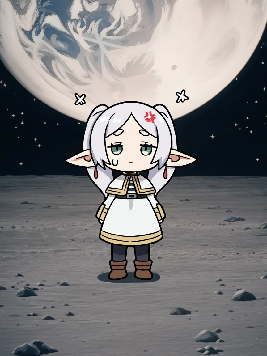 <lora:noobai_ep11_stabilizer_v0.198_fp16:0.7>1girl,green eyes,white hair,frieren,anger vein,chibi,standing on the moon,full body,sweatdrop,exhausted,Earth in background,black background,stars in sky,masterpiece,