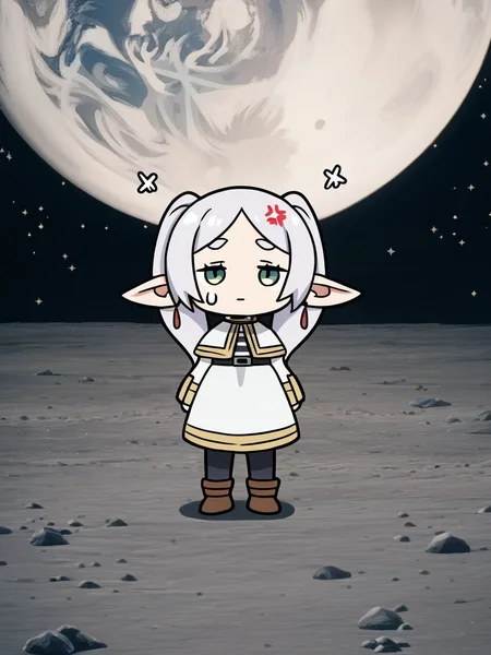 <lora:noobai_ep11_stabilizer_v0.198_fp16:0.7>1girl,green eyes,white hair,frieren,anger vein,chibi,standing on the moon,full body,sweatdrop,exhausted,Earth in background,black background,stars in sky,masterpiece,
