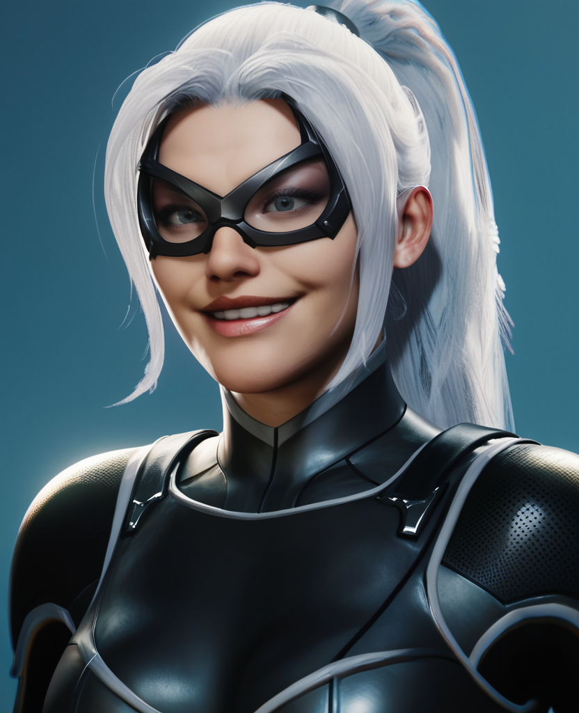 score_9,score_8_up,score_7_up,score_6_up, 3d, realistic, <lora:Black_Cat_ps4ps5_Pony-000007:0.7> , blackcat, 1girl, long hair, gloves, ponytail, white hair, bodysuit, black bodysuit, domino mask, close up, portrait, smile