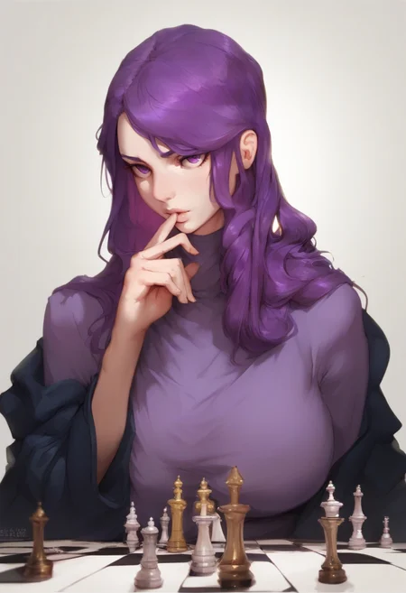 score_9, score_8_up, score_7_up, score_6_up, BREAK
<lora:PulenKompot-Kunaboto Style-PonyXL:0.8> kunaboto, 1girl, long hair, purple hair, curvy, purple eyes, hand under chin, playing chess, serious