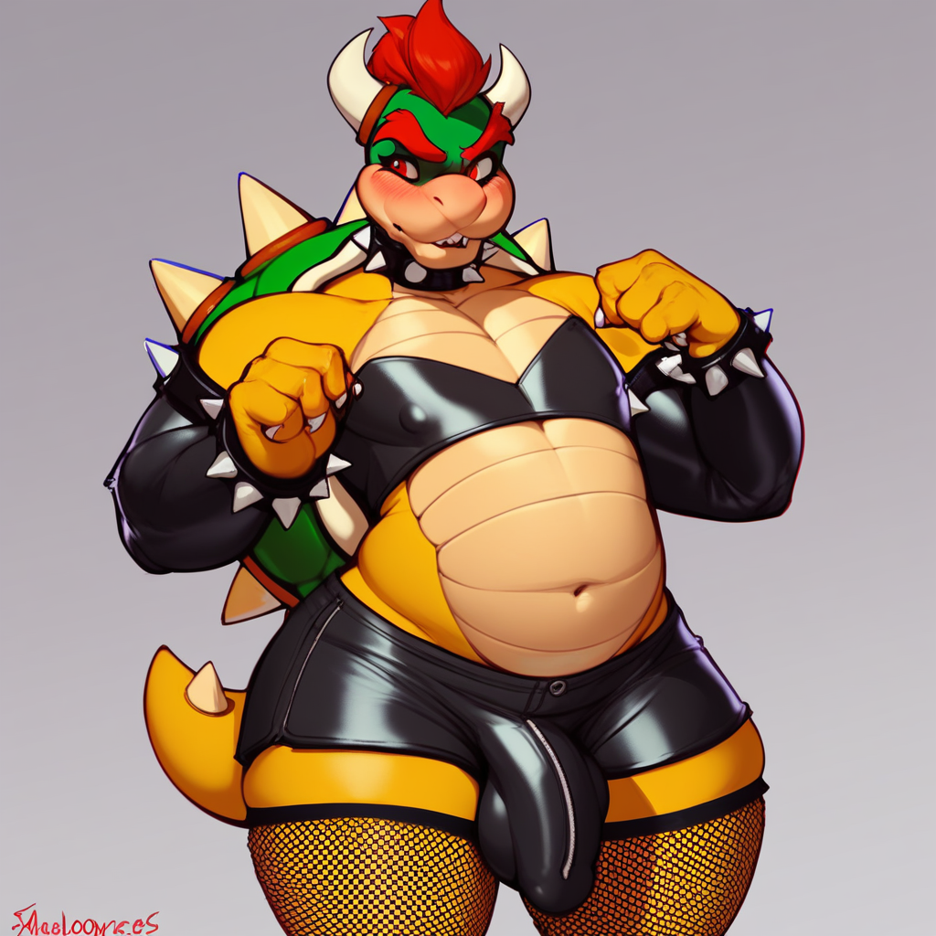 score_9, score_8_up, score_7_up, 2k, 4k, high res, 2d (artwork), Marlon.cores, 1boy, femboy, solo, Flat chest, Bowser, Spiky Shell, red eyes, Spiked Collar, red hair, white horns, koopa tail, furry, furry femboy, femboy, embarrassed, blushing, black latex crop top, black latex booty shorts, large hips, bottom heavy, thick thighs, black fishnet stockings, black fishnet elbow gloves, Spiked Bracelets, massive bulge, bedroom background, standing