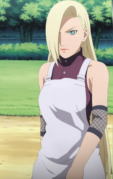 (masterpiece, best quality:1.1), ino yamanaka, woman, 25 y.o., blank period, chef uniform, angry, scowl, long hair, mesh arm warmers, (white apron:1.1), standing, hands on hip, close-up, in style of Masashi Kishimoto (anime coloring, anime screencap, Naruto anime style), outdoors, park in background, <lora:Ino_Yamanaka_sdxl_v1:1>
