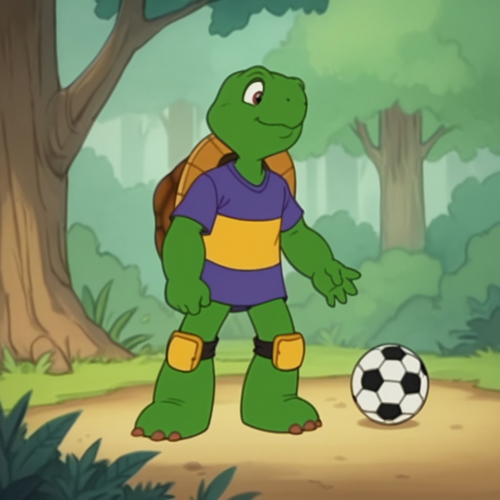 score_9, score_8_up, score_7_up, score_6_up, score_5_up, score_4_up, source_furry, frnklnturtle, semi-anthro, male, turtle, green skin, purple shirt, yellow knee pads outside, standing, in a forest, holding soccer ball