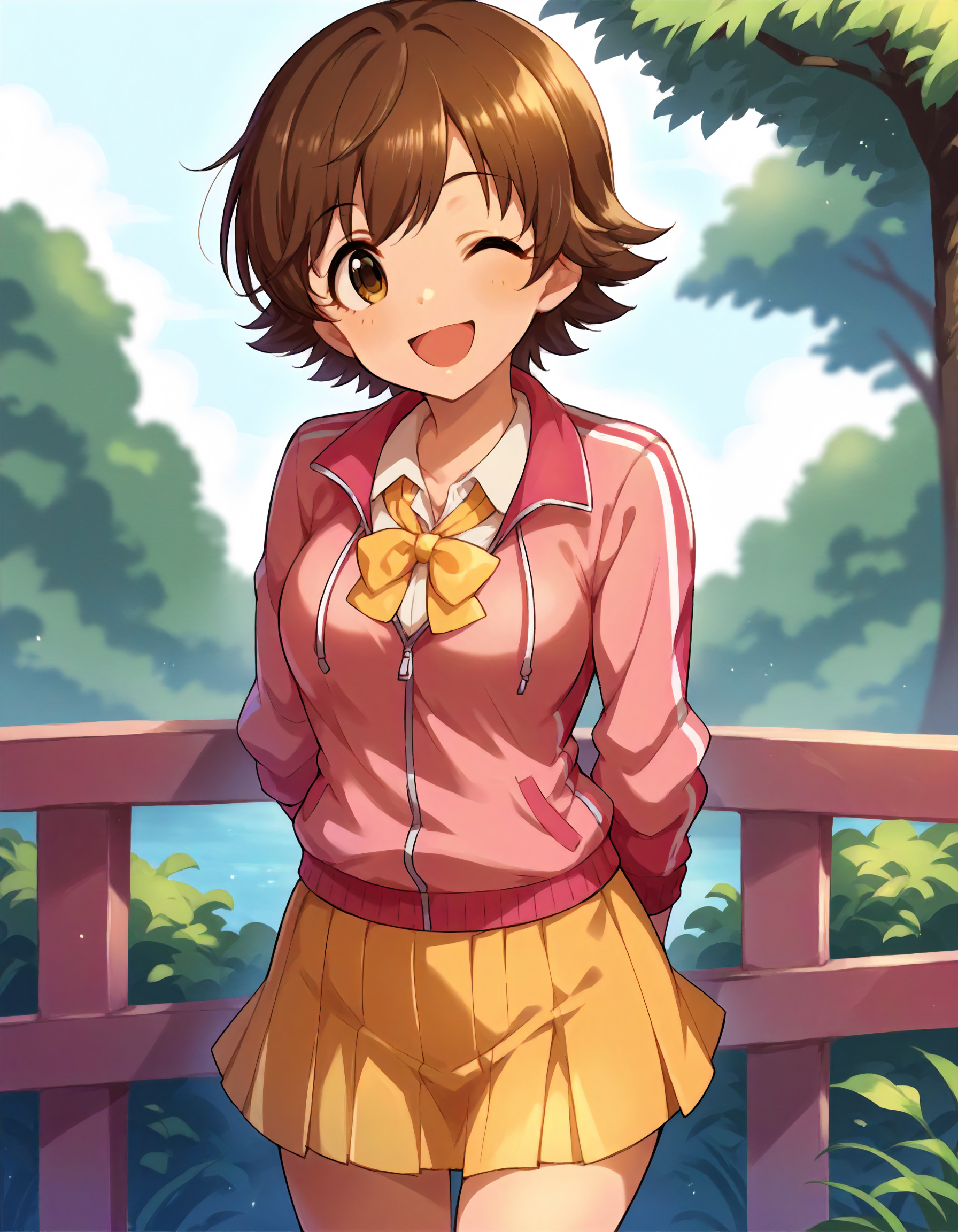 score_9,score_8_up,score_7_up,1girl,solo,cowboy shot,looking at viewer,smile,wink,open mouth,arms behind back,outdoors,
<lora:hondamio_ponyXLV6:0.8>,cghmio,
brown hair,short hair,brown eyes,
pink track jacket,yellow bowtie,yellow skirt,pleated skirt