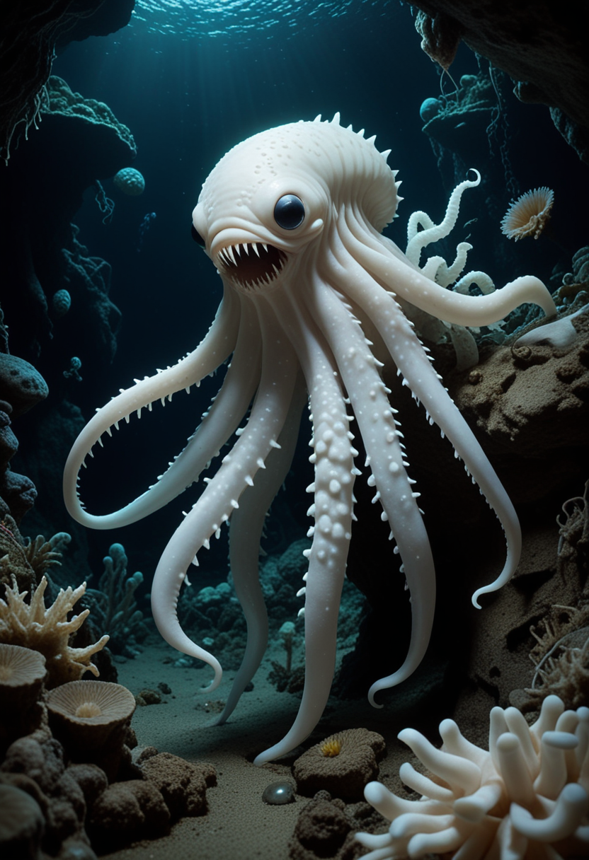 (medium full shot) of (bizarre white aquatic creature) with chitinous skin, shell-like armor, flipper hands, fangs, tentacles, phosphorescent spots, sea anemones, set in  a dark abyssal trench, with bioluminescent creatures, strange rock formations, deep silence, eerie glow, during twilight, Masterpiece,best quality, photo, realistic, very aesthetic,