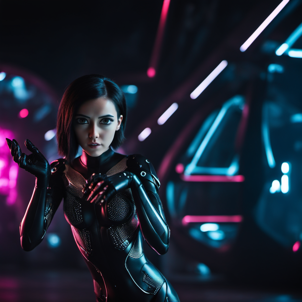 cinematic photo cinematic photo a woman with big eyes, futuristic black carbon body suit, cyberpunk background  <lora:Alita1024-2024:0.8> . 35mm photograph, film, bokeh, professional, 4k, highly detailed . 35mm photograph, film, bokeh, professional, 4k, highly detailed