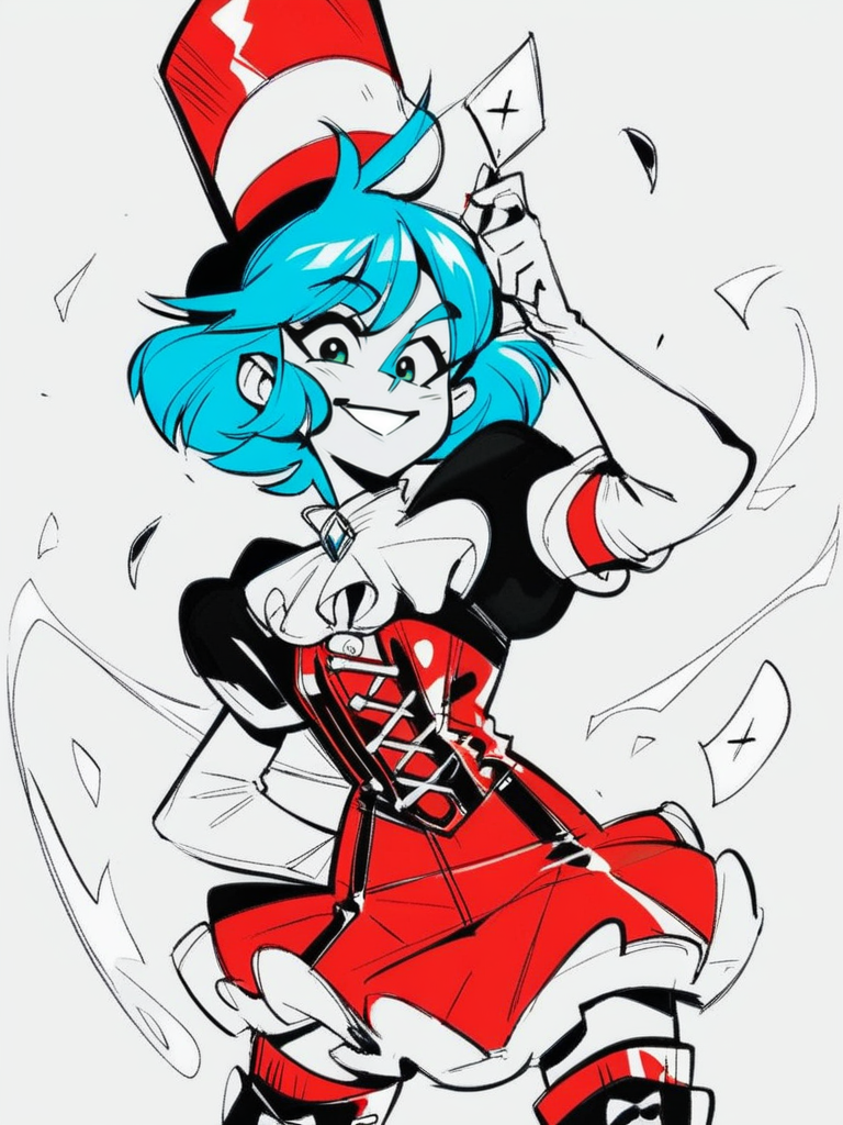 score_9, score_8_up, score_7_up, score_6_up, 1girl, looking at viewer, evil smile, big smile, expressive, open clothes, black top hat, skimpy clothes, short black coat, red corset, green eyes, swirled bangs, blue wavy short hair highlights, blue hair, thigh boots, mini red skirt, front hair swept to the side, green eyebrows, circus clothes, dynamic pose, sexually suggestive, white background, cards in hat, white elbow gloves, cowboy shot, 
<lora:INKtoonXLP_Style:1> InkToon, monochrome, black eyes, simple white  background, cute, sketch, thin line, cartoon, splash art, concept art