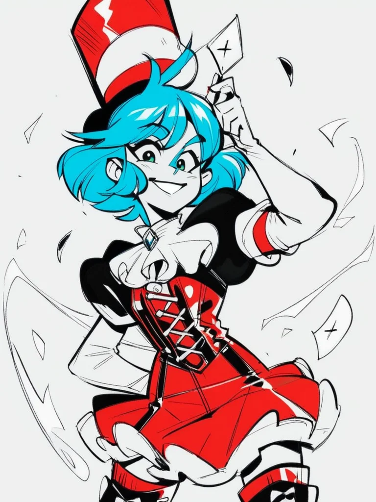 score_9, score_8_up, score_7_up, score_6_up, 1girl, looking at viewer, evil smile, big smile, expressive, open clothes, black top hat, skimpy clothes, short black coat, red corset, green eyes, swirled bangs, blue wavy short hair highlights, blue hair, thigh boots, mini red skirt, front hair swept to the side, green eyebrows, circus clothes, dynamic pose, sexually suggestive, white background, cards in hat, white elbow gloves, cowboy shot,
<lora:INKtoonXLP_Style:1> InkToon, monochrome, black eyes, simple white background, cute, sketch, thin line, cartoon, splash art, concept art