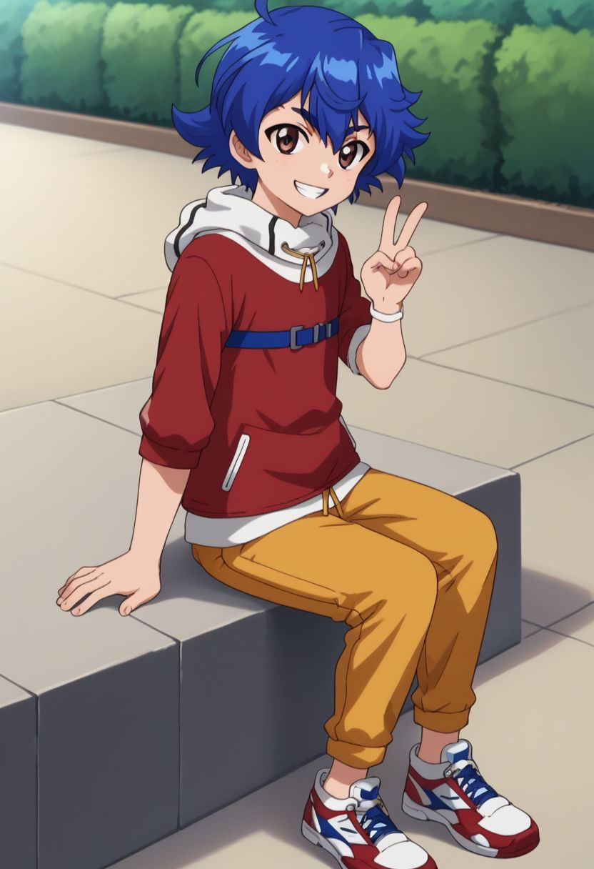 score_9, score_8_up, source_anime, highly detailed, 
riki, 1boy, solo, blue hair, short hair, shoes, male focus, looking at viewer, brown eyes, sneakers, hoodie,  shawl collar, red hoodie, white hoodie, two-colours hoodie, pants, yellow pants, smile, upper body,
outdoor, sit, v sign, grin,
