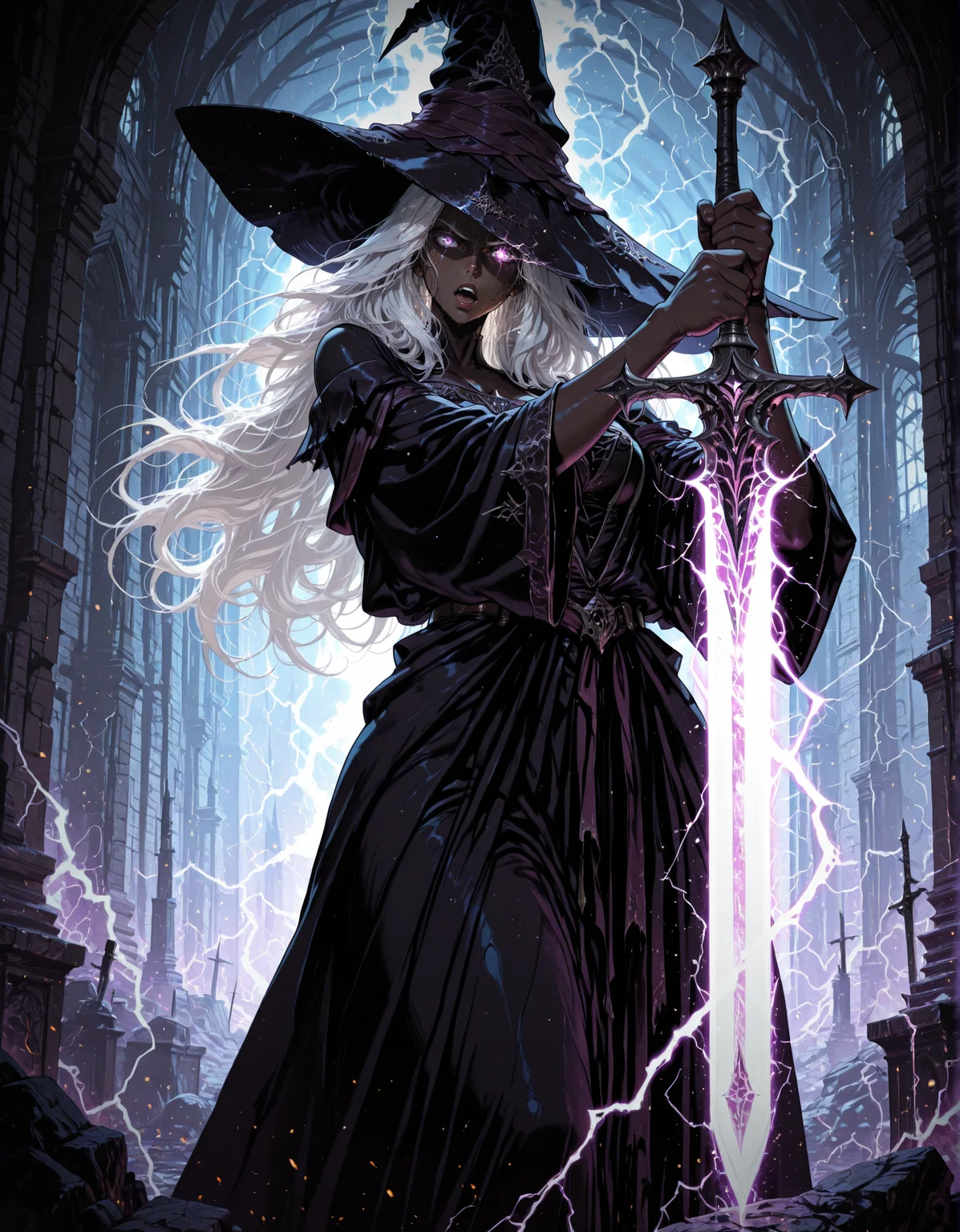 masterpiece, best quality,high quality, newest, highres,8K,HDR,absurdres, 1girl, solo, iLLRecluseERN, white hair, witch hat, dark skin, weapon, sword, holding, holding weapon, open mouth, long hair, holding sword, glowing, purple eyes, glowing weapon, glowing sword, magic, two-handed, light trail, glowing eye, electricity, eye trail
  <lora:iLLRecluseERN:1> <lora:iLLMythM4gicalL1nes:0.8> M4gicalL1nes