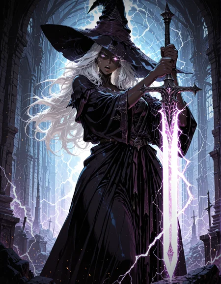 masterpiece, best quality,high quality, newest, highres,8K,HDR,absurdres, 1girl, solo, iLLRecluseERN, white hair, witch hat, dark skin, weapon, sword, holding, holding weapon, open mouth, long hair, holding sword, glowing, purple eyes, glowing weapon, glowing sword, magic, two-handed, light trail, glowing eye, electricity, eye trail
  <lora:iLLRecluseERN:1> <lora:iLLMythM4gicalL1nes:0.8> M4gicalL1nes