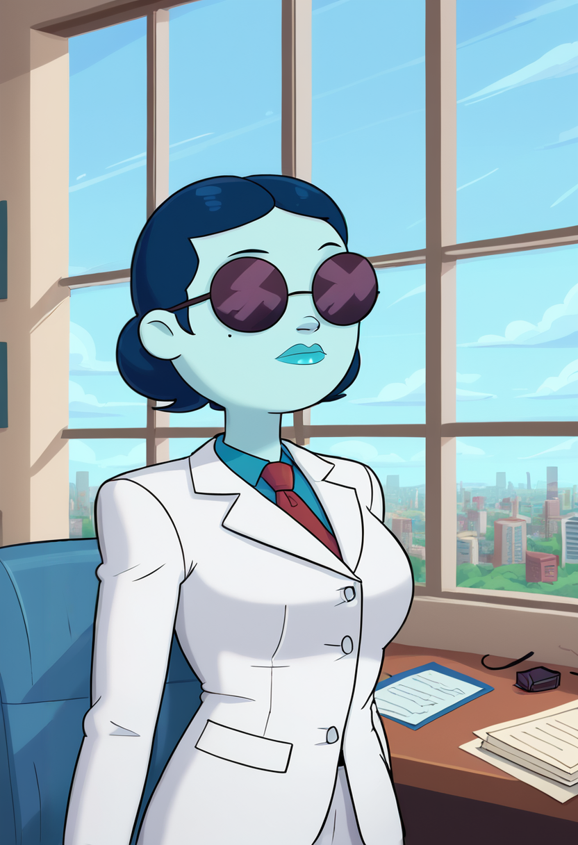score_9, score_8_up, score_8,   <lora:Patience_St._Pim_Adventure_Time_for_PonyXL:0.8> 1girl, blue skin, s4intp1m, sunglasses, short hair, suit, professional, office, window,  scenery