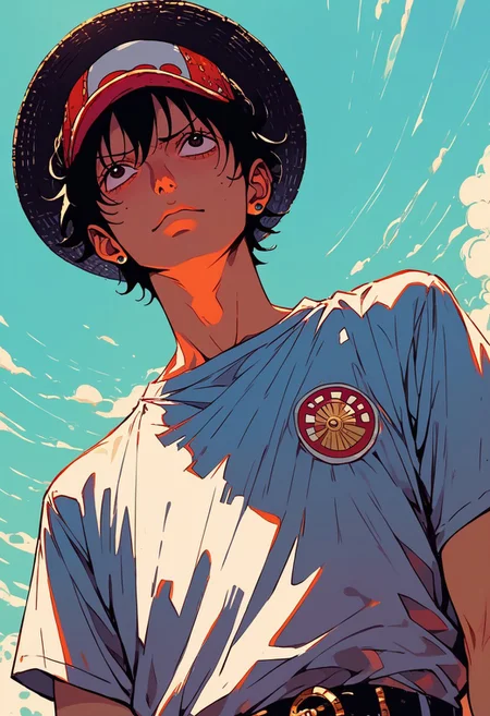 score_9, score_8_up, score_7_up, score_6_up, score_5_up,
Create a portrait of 'Monkey D. Luffy' from One Piece wearing designer outfits inspired by luxury fashion brands Gucci. The scene should be set in a high-end fashion store with sleek luxury clothes in the background. Louis Vuitton is dressed in a sleek, navy red short sleeve shirt with a Louis Vuitton designs logos on it, paired with a crisp, white inner T-shirt, wearing a sleek Gucci hat. Incorporate bold colors, intricate details, and a sense of luxury and sophistication. The mood is sophisticated and glamorous, with the characters exuding confidence and style. Half body shot. The camera angle is a low-angle shot, looking up at the characters. ART BY GUWEIZ.