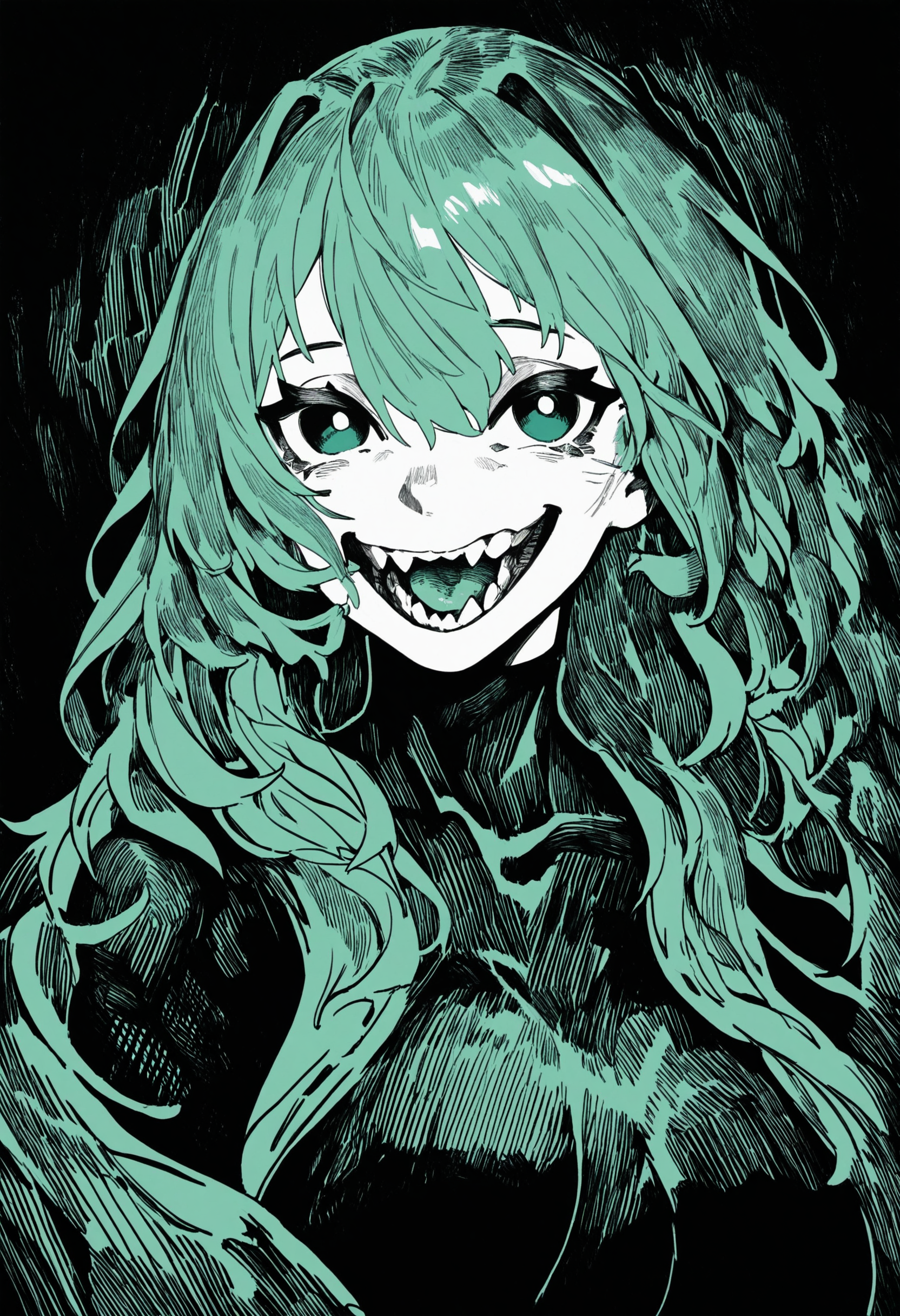hatching\(texture\),monochrome, 1girl, solo, long hair, breasts, looking at viewer, smile, open mouth, simple background, hair between eyes, green eyes, upper body, green hair, teeth, colored skin, sharp teeth, black background, green theme, colored tongue, BREAK,highres,absurdres,masterpiece,newest,best quality,Visual impact,very awa,very aesthetic,amazing quality