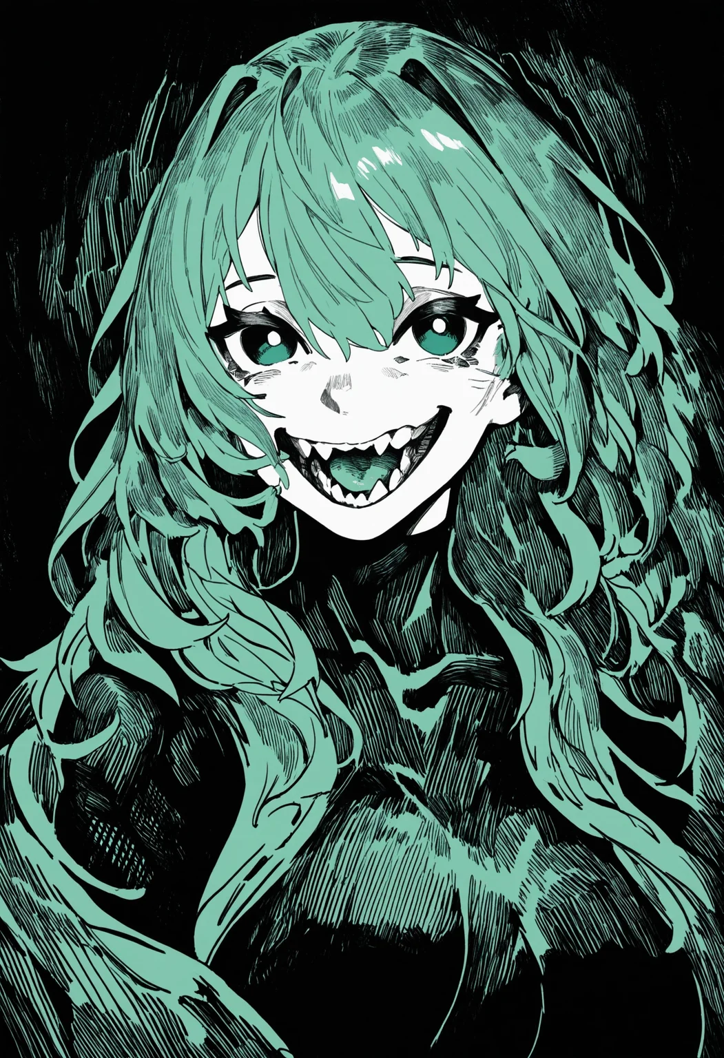 hatching\(texture\),monochrome, 1girl, solo, long hair, breasts, looking at viewer, smile, open mouth, simple background, hair between eyes, green eyes, upper body, green hair, teeth, colored skin, sharp teeth, black background, green theme, colored tongue, BREAK,highres,absurdres,masterpiece,newest,best quality,Visual impact,very awa,very aesthetic,amazing quality