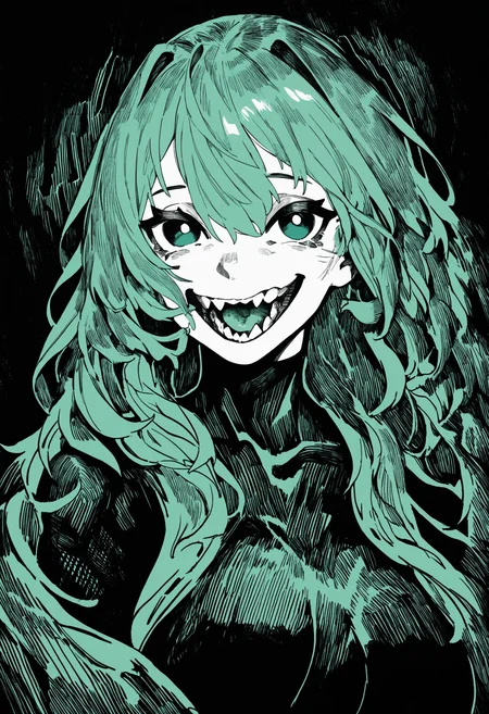 hatching\(texture\),monochrome, 1girl, solo, long hair, breasts, looking at viewer, smile, open mouth, simple background, hair between eyes, green eyes, upper body, green hair, teeth, colored skin, sharp teeth, black background, green theme, colored tongue, BREAK,highres,absurdres,masterpiece,newest,best quality,Visual impact,very awa,very aesthetic,amazing quality