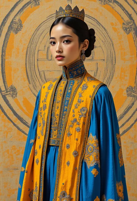 A Byzantine empress of Chinese descent with a small crown in front of a large Byzantine mosaic with a very delicate and detailed religious patterns. She stands very close to the wall behind her so that the Byzantine mosaic is sharp and clearly visible. The full body is visible. Her very special dress is an avant-couture gown with mainly gold and blue elements. The image also features jewellery, intricate details and warm colours. midjourney_whisper_avant_couture
