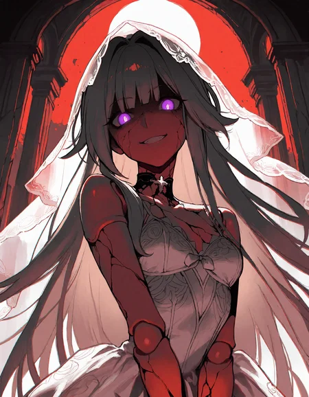 masterpiece,best quality,newest,very aesthetic,absurdres,very awa,highres,(yoneyama mai:0.4),(rella:0.4),(cutesexyrobutts:0.4),(ilya kuvshinov:0.4),newest,year 2024,year 2023,<lora:ponyv4_noob1_2_adamW:0.6>,limited palette,((monochrome)),dark,1girl,lingerie,mature female,herta \(honkai: star rail\),purple eyes,grey hair,head tilt,doll joints,(torn wedding_dress:1.1),veil,(torn clothes),glowing eyes,looking at viewer,corruption,(cracked skin),upper body,(horror \(theme\)),sinister,evil smile,bad end,church,red sky,full moon,bloodborne,from below,