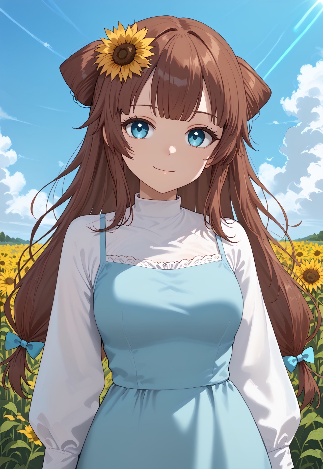 1girl, solo, solo focus, highres, absurdres, RemiSprings, hair flower, sunflower hair ornament, brown hair, long hair, bangs, blue eyes, blue dress, white shirt, hair bow, blue bow, bangs, long dress, long sleeves,

looking at viewer, light smile, closed mouth, head tilt, hand up, 

day, blue sky, cloud, sunflower field, neon lights, shade, 