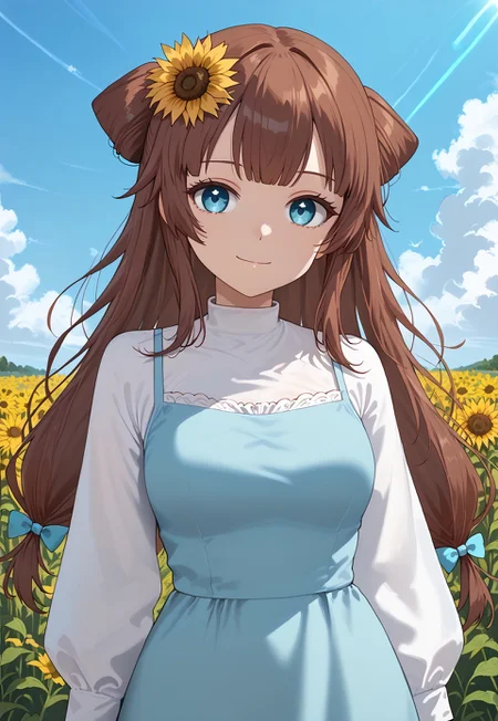1girl, solo, solo focus, highres, absurdres, RemiSprings, hair flower, sunflower hair ornament, brown hair, long hair, bangs, blue eyes, blue dress, white shirt, hair bow, blue bow, bangs, long dress, long sleeves,

looking at viewer, light smile, closed mouth, head tilt, hand up, 

day, blue sky, cloud, sunflower field, neon lights, shade, 
