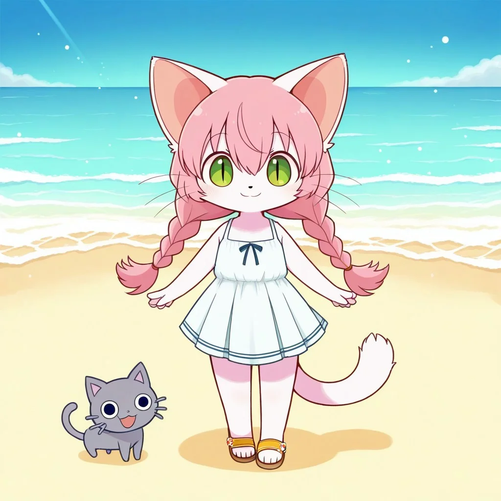 moe, cute,masterpiece, super fine illustration, best quality, light particles, ultra-detailed, 8K wallpaper,Kajiura,
background:seaside,beach,outside, standing,smile, Full Body, Romantic, Small Body, Furry,((solo,1girl,female)), 
domestic cat felid,feline,felis,mammal ,anthro,
((neko hakase)),
5 fingers,black nose,small nose,whiskers,white body,white fur, hair,bangs,braided hair,long hair,hair between eyes,pigtails,twin braids,pink fur,pink hair,pink tail, 
clothing,,sundress,white dress,miniskirt,pleated skirt,
sandal,
no humans,animal,cat,cat ears,(pink inner ears),pupils,slit pupils,green eyes,