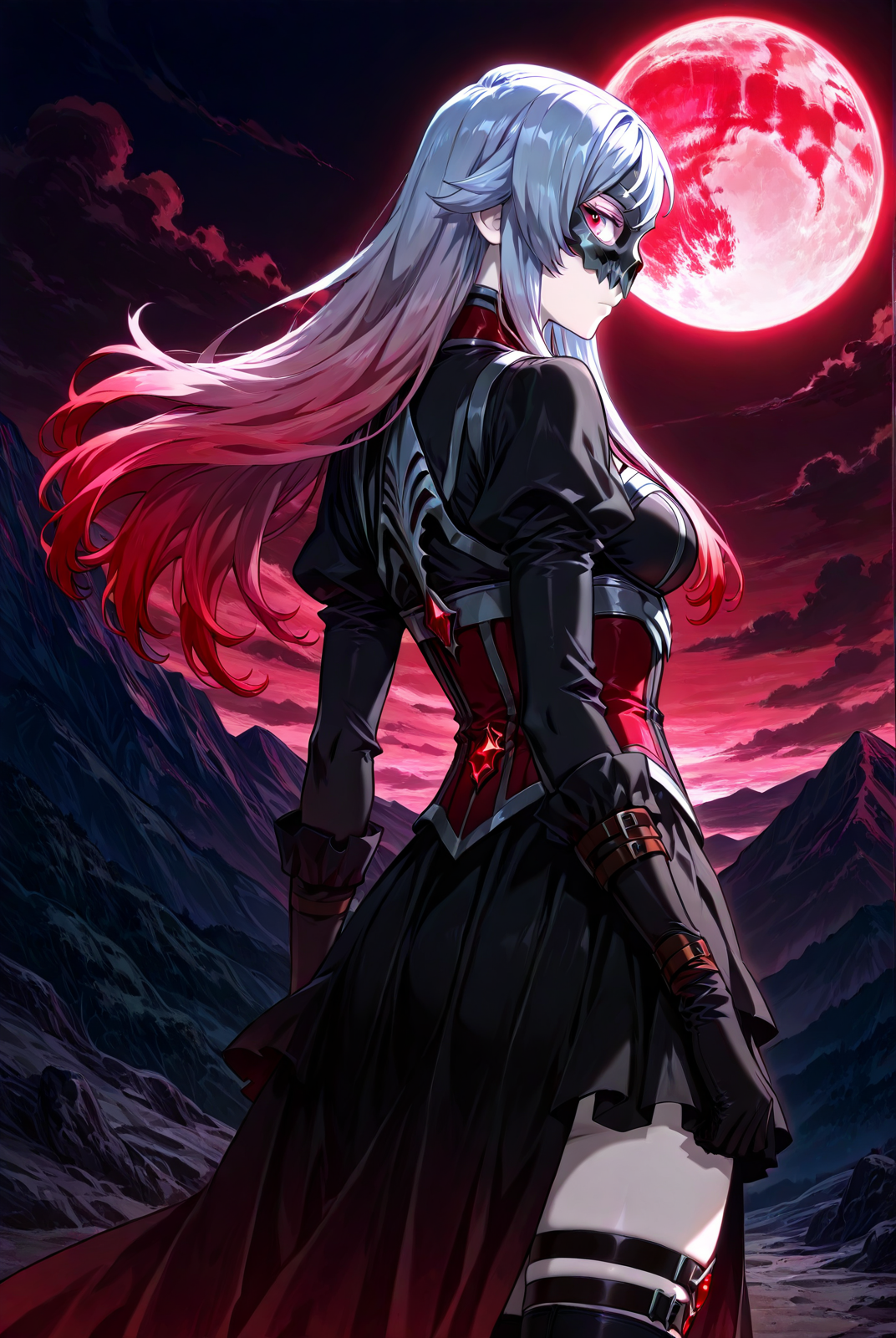 <lora:Camus Morgue _ Revenge of the Iron-Blooded Sword Hound _ Illustrious_epoch_7:1>
Camus_Morgue_darkform, 1 girl, solo, young woman, red eyes, pale skin, long hair, two-tone hair, silver to pink gradient, side bangs, flowing hair, 
(partial skull mask), dark gothic battle dress, tattered black skirt, black bodice with white and red details, crimson gem, long gloves, thigh straps, black thigh-highs, black boots
score_9, score_8_up, score_7_up, source anime, BREAK, cowboy shot, (from side), looking back, looking at viewer, overlooking mountain, high altitude, scenery, exterior, background, night, red moon, <lora:iLLMythG0thicL1nes:1>